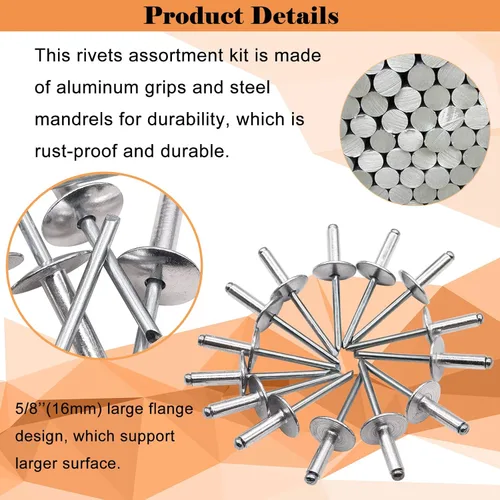 Miniatura 4 de 90 remaches ciegos de aluminio con brida grande, 3/16 pulgadas x 5/8 pulgadas, diámetro de brida 5/8 pulgadas (0.630 in), kit surtido de remaches