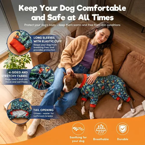 Miniatura 5 de LovinPet Sudadera para perro, tela elástica ligera, estampado de dinosaurio verde oscuro, protección solar, camisa para aliviar la ansiedad