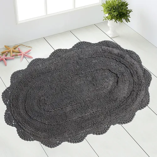 Chardin home Griffin - Alfombra de baño ovalada de ganchillo gris, 100 % algodón con borde de ganchillo hecho a mano, 21 x 34 pulgadas, alfombra