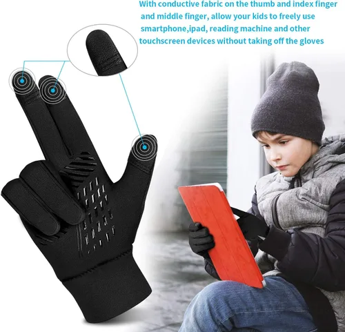 Miniatura 4 de YukiniYa Guantes de invierno para niños, repelentes al agua, pantalla táctil, forro polar, antideslizantes, para niños y niñas de 3 a 15 años, Negro