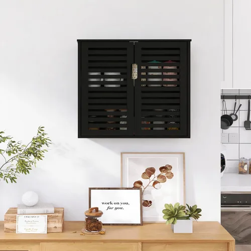 Miniatura 5 de HITNET Gabinete de almacenamiento de baño negro, gabinete de medicina colgante con estante ajustable, organizador de ahorro de espacio de bambú