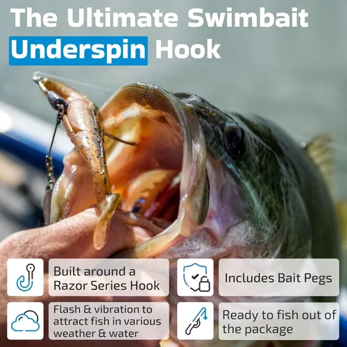 Miniatura 5 de Harmony Fishing - Razor Series Underspin Swimbait Hooks (paquete de 4 con 5 clavijas de cebo) – Ganchos de nadador con llamativas cuchillas