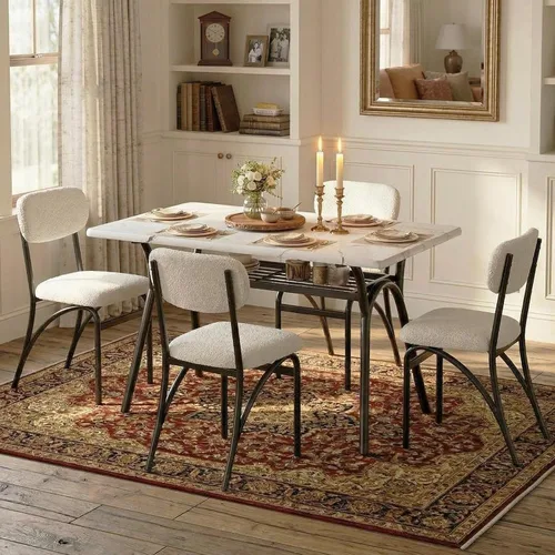 Miniatura 12 de GarveeHome Juego de mesa de comedor de 5 piezas para 4, mesa de cocina moderna con 4 sillas de bouclé, mesa de comedor rectangular con estante