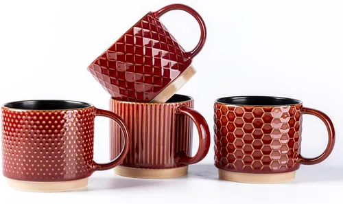 Miniatura 26 de GBhome Tazas de café apilables de 6 onzas, tazas de café de cerámica con patrones de textura para hombre, mujer, papá, mamá, juego de 4 tazas