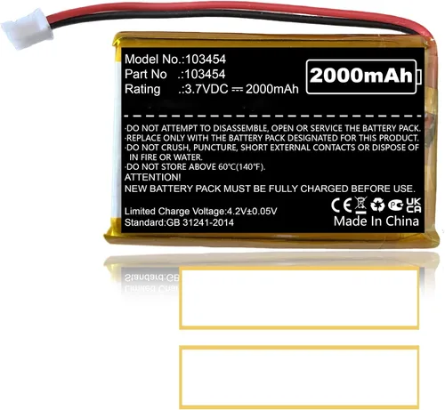 Nzzz Batería LiPo 2000mAh 3.7V 103454 con 2 cables JST PH2.0.000 in Conector 103454 Batería recargable resistente a altas temperaturas para altavoz