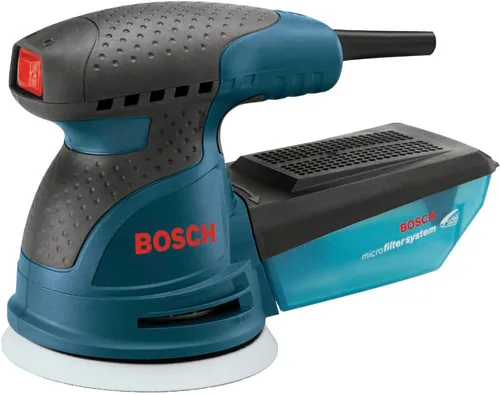 BOSCH ROS20VSC lijadora palmar 2.5 Amp 5 pulgadas con cable, lijadora orbital aleatoria de velocidad variable, kit pulidor con colector de polvo y