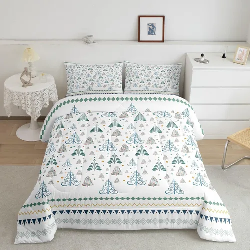 Miniatura 45 de Juego de edredón de Feliz Navidad para niños, tamaño twin, juego de ropa de cama de camión rojo árboles de pino copos de nieve, decoración