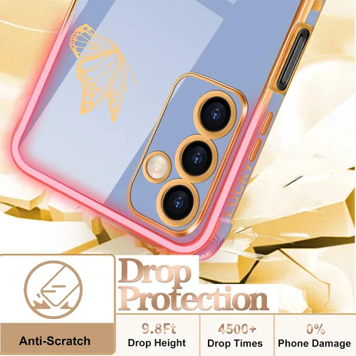 Miniatura 6 de Funda de teléfono para Samsung Galaxy A14 5G con diseño de mariposas para mujeres y niñas, diseño de mariposas chapadas en oro y azul oscuro