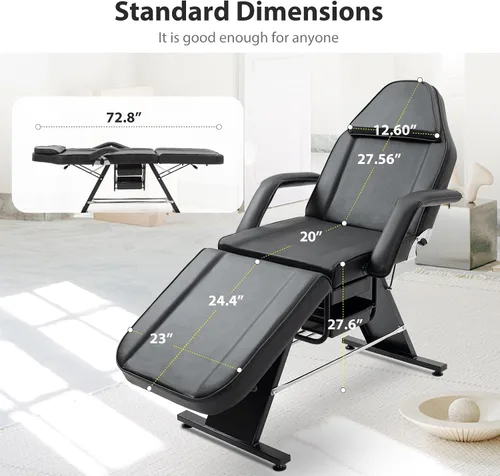 Miniatura 3 de Silla de tatuaje de salón de masaje con dos bandejas, cama esteticista con taburete hidráulico, mesa de cama facial multiusos de 3 secciones,