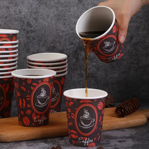 Miniatura 2 de Tazas de café de papel desechables con tapas, perfectas para té y bebidas calientes, paquete de 100 (8 onzas, diseño de grano de café)