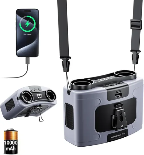 Miniatura 8 de Doublepow - Ventilador de cintura portátil de 10000 mAh, ventilador personal de doble cintura, cuello colgante de cinturón, doble motor de 20 horas