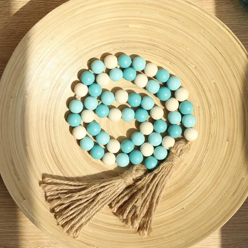 Miniatura 4 de Meplait Guirnalda de cuentas de madera, guirnalda de cuentas de estilo rústico de 99 cm con borlas, cuentas boho para bandejas escalonadas, cuentas