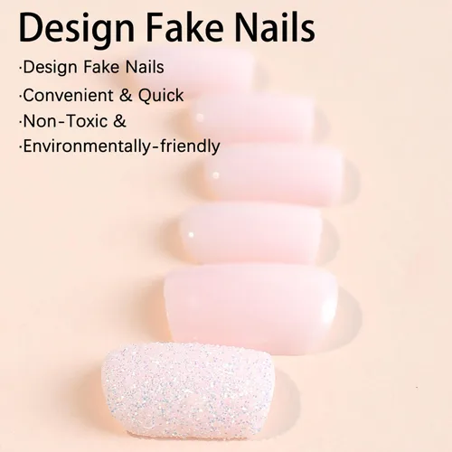 Miniatura 3 de Uñas postizas cuadradas cortas a presión, color rosa, de cobertura completa, uñas acrílicas brillantes con purpurina, lindas uñas postizas