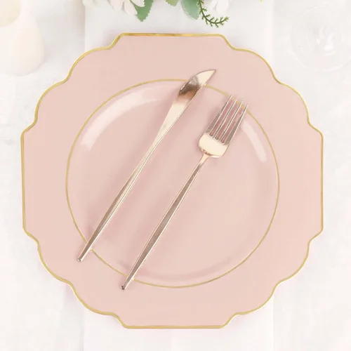 Miniatura 10 de Efavormart - Paquete de 10 platos de postre de plástico color rosa canela de 8 pulgadas, con borde dorado barroco, platos de ensalada desechables