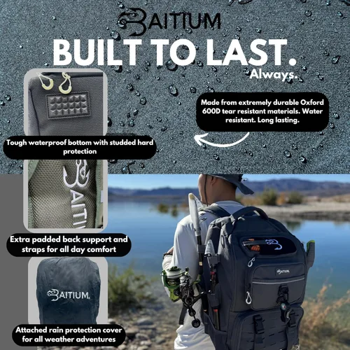 Miniatura 3 de Baitium Mochila de pesca - Bolsa de aparejos de 40L con enfriador, soportes para cañas, perfecta para equipo de pesca Verde