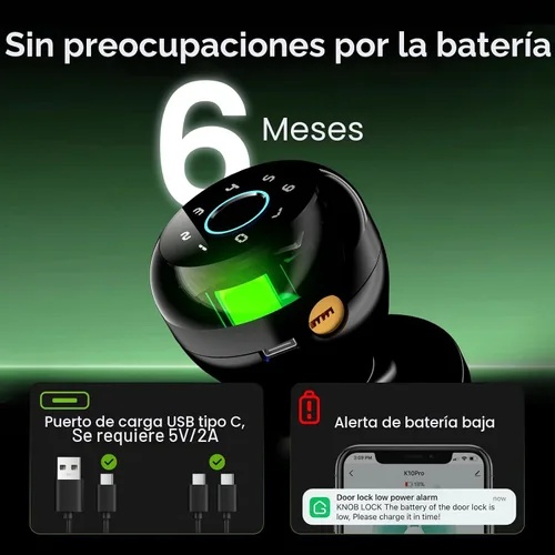 Miniatura 7 de GHome Smart - Cerradura de puerta de huellas dactilares inteligente, perilla de puerta de huellas dactilares inteligente 4 en 1 con teclado, control