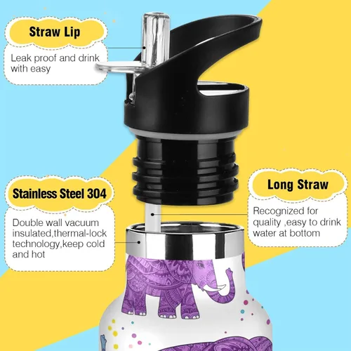 Miniatura 3 de Kids Water Bottle with Straw for School 20 Oz Bottle for Boys Girls, BPA-Free, Cute Purple Elephants Purple Blue