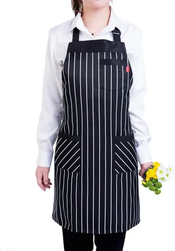 Miniatura 3 de Delantal de cocina ajustable con bolsillos y cintas largas para mujeres y hombres, negro, blanco (4), 1 unidad