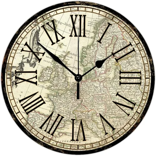 Miniatura 10 de Reloj de pared redondo de madera, estilo vintage, mapa del viejo mundo, movimiento de barrido, reloj de pared silencioso, estilo campestre, reloj
