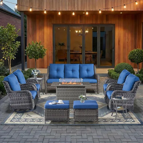 Miniatura 33 de HUMMUH Sillas Mecedoras Giratorias de Mimbre para Patio Exterior con Respaldo Alto, Sillas Deslizantes de Ratán PE, Juego de Muebles de Patio de 4