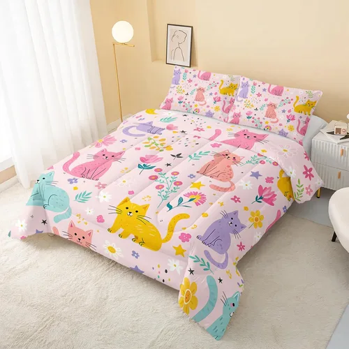 Miniatura 3 de QOOMO Edredón floral de gato tamaño Twin, juego de ropa de cama de gato rosa para niños, adolescentes y niñas, juego de ropa de cama de 3 piezas