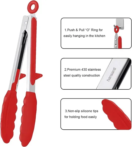 Miniatura 6 de Juego de 4 pinzas de cocina de silicona, antiadherentes de acero inoxidable con puntas de silicona sin BPA para servir pasta, espagueti, bistec, Rojo