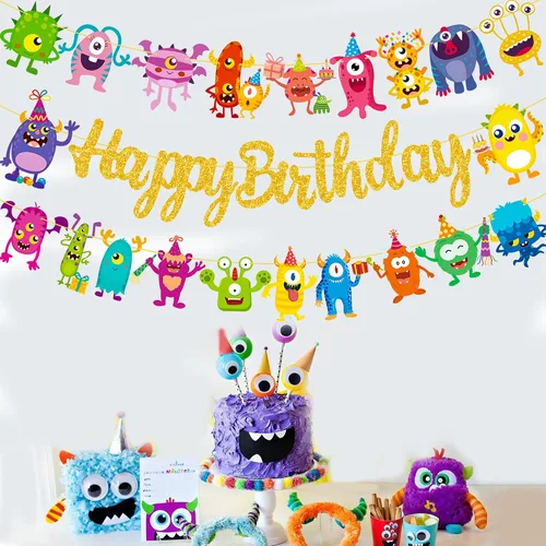 Miniatura 7 de Cartel de monstruo de feliz cumpleaños, suministros de fiesta de cumpleaños con purpurina para niños, tema de monstruo pequeño, baby shower