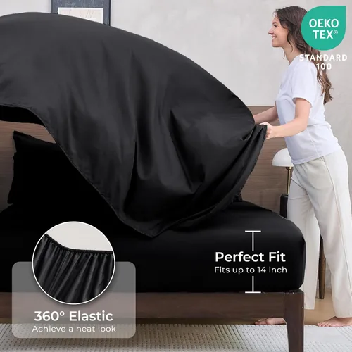 Miniatura 5 de HEVUMYI Juego de edredón negro tamaño King - Juego de 7 piezas para cama en una bolsa King para todas las estaciones, juego de ropa de cama ultra