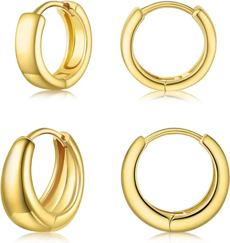 Juego de 2 pares de arracadas chapadas en oro de 14 quilates, hipoalergénicas, delicadas y pequeñas, gruesas, sirven también para cartílago, para