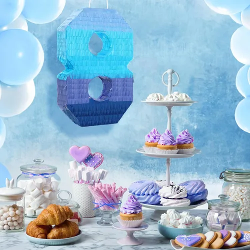 Miniatura 7 de Sratte Piñata número 1 2 3 4 5 6 7 8 9 Piñata con palo para los ojos vendados, piñata azul degradado para niños y niñas, suministros de decoración