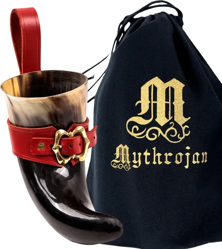 Miniatura 36 de Mythrojan Cuerno vikingo para beber 100% natural, auténtico, decoración de latón, cuerno nórdico con funda de cuero negro, bolsa de lona para vino