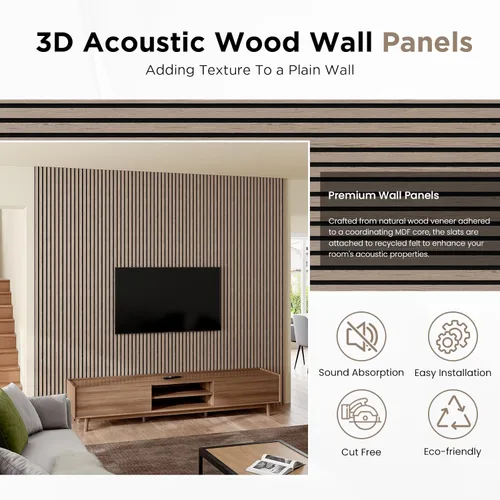 Miniatura 2 de Paquete de 6 paneles de pared de madera acústica, 94.5 x 8 pulgadas cada uno panel de pared insonorizado, paneles de listones de madera estriada 3D
