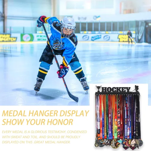 Miniatura 4 de Goutoports Soporte de exhibición de medallas de hockey para carreras deportivas, metal de acero negro resistente con más de 60 medallas, fácil