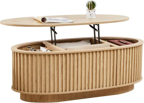 Miniatura 9 de Mesa auxiliar ovalada de 43.3 pulgadas, mesa de centro acanalada con compartimento de almacenamiento oculto, mesa de comedor moderna de mediados