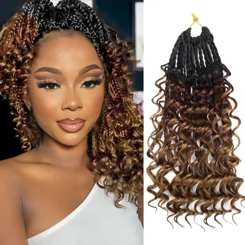 Miniatura 9 de Goddess Box Braids - Trenzas de cabello a ganchillo con extremos rizados, trenzas de caja bohemianas de 16 pulgadas, trenzas de ganchillo, 8 1B-4-30