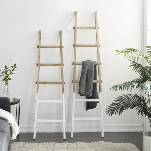Miniatura 5 de Deco 79 Escalera de madera para 5 y 6 estantes con bases blancas, juego de 2 62 pulgadas, 73 pulgadas de alto, marrón