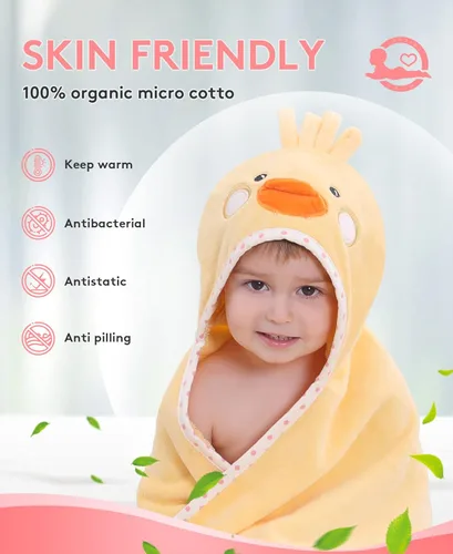 Miniatura 5 de TBEZY Toalla con capucha para niños, 100% algodón, ultra suave, con diseño único de animales, grande para niños de 3 a 10 años (Pollito)
