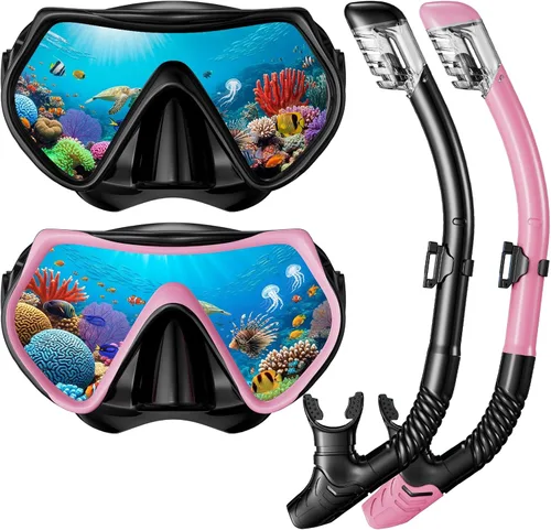 Snorkel Mask Set, Dry-Top Snorkel Set Scuba Diving Mask, 180° Panoramic Wide View, Professional Breathing Freely Snorkeling Gear Kit with Nose Cover