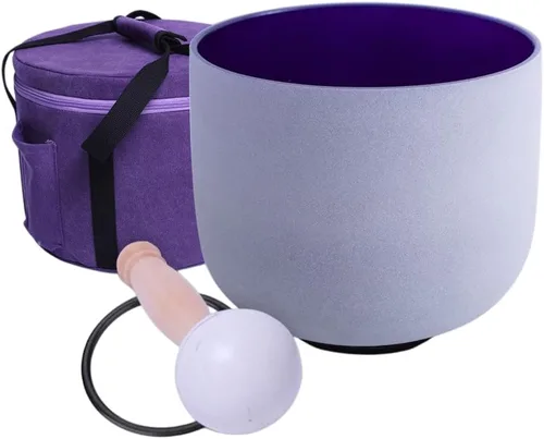 Miniatura 5 de Cuenco de cristal de cuarzo esmerilado de color púrpura de 432 Hz con diseño de corona B de 8 pulgadas con bolsa resistente Nota F de 432 Hz