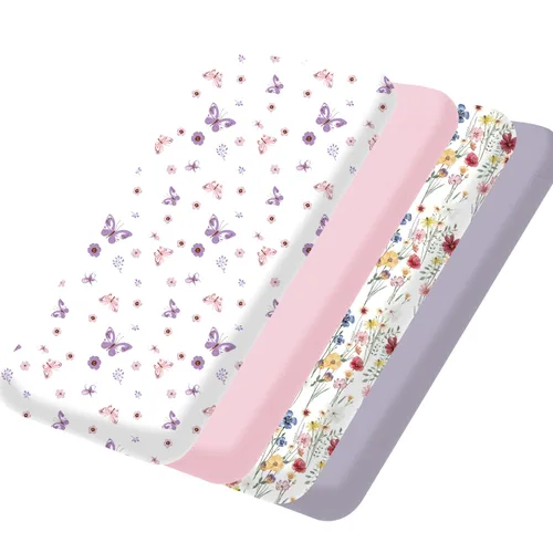 Bimocosy Pack and Play - Juego de 4 sábanas bajeras de 38 x 26 pulgadas, paquete n Play para niños y niñas, suaves y elásticas para colchón de