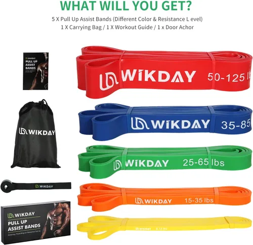 Miniatura 3 de WIKDAY Juego de 5 bandas de resistencia para hacer ejercicio, bandas de entrenamiento para hombres y mujeres, estiramiento corporal, entrenamiento