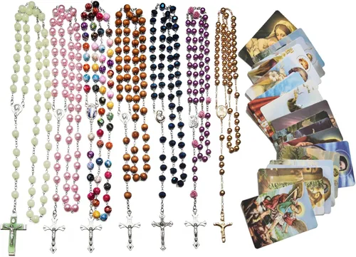SZQCZB 7 collares católicos con cuentas de rosario y 18 tarjetas sagradas, regalos de primera comunión católica, medalla y cruz de Our Rose Lourdes