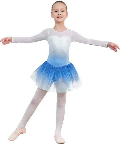 Miniatura 119 de EQSJIU Leotardo de baile de manga larga para niñas, vestido de ballet brillante con copo de nieve, tutú con falda tutú para niñas