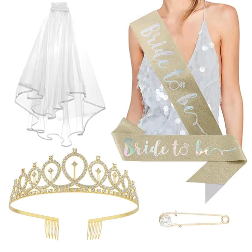 Miniatura 13 de CIEHER Corona de oro rosa + banda de novia + velo de boda para despedida de soltera, decoraciones de despedida de soltera, banda de despedida
