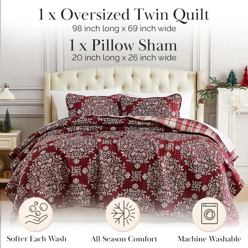 Miniatura 2 de Southshore Fine Living Edredón de Navidad Twin XL Juego de Ropa de Cama, Colcha de Navidad Reversible Estilo Farmhouse, Sobrecama Twin XL - Cuadros