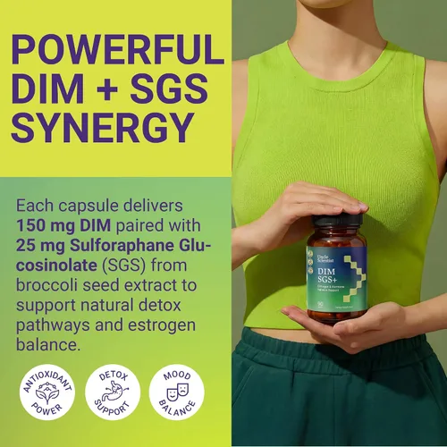 Miniatura 6 de DIM SGS+ Suplemento de 150 mg para mujeres y hombres - Apoya niveles hormonales saludables, estrógeno, metabolismo, desintoxicación - Semilla