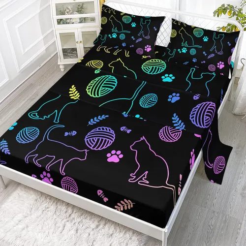Miniatura 25 de Axolotl Juego de sábanas de gato negro de dibujos animados tamaño full, diseño de estrellas y luna impreso, ropa de cama para niños para decoración