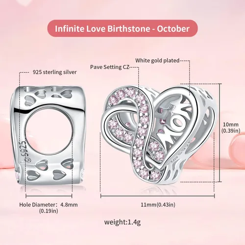 Miniatura 4 de VOROCO Sterling Silver Mom Charm Birthstone for Bracelets and Necklacesfront and back Consistent Infinity charms Heart for Mothers Birthday