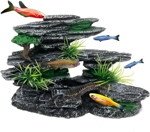 Adorno de piedra para acuario con vista a la montaña, árbol de cueva de roca, decoración de acuario para peceras para peceras pequeñas, 7.5 pulgadas