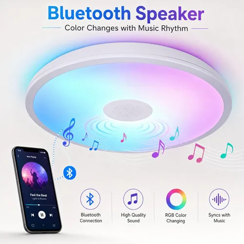 Lámpara de techo impermeable mejorada con música LED con altavoz Bluetooth, certificado FCC UL1598, luz cambiante de color de 18 W con control